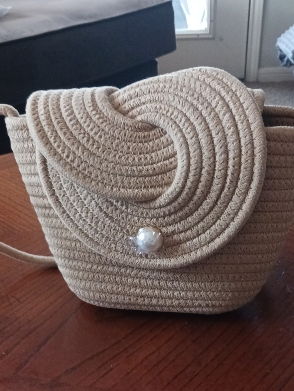 Beige Woven Crossbody Bag with Pearl Accent - Picture 3 of 7